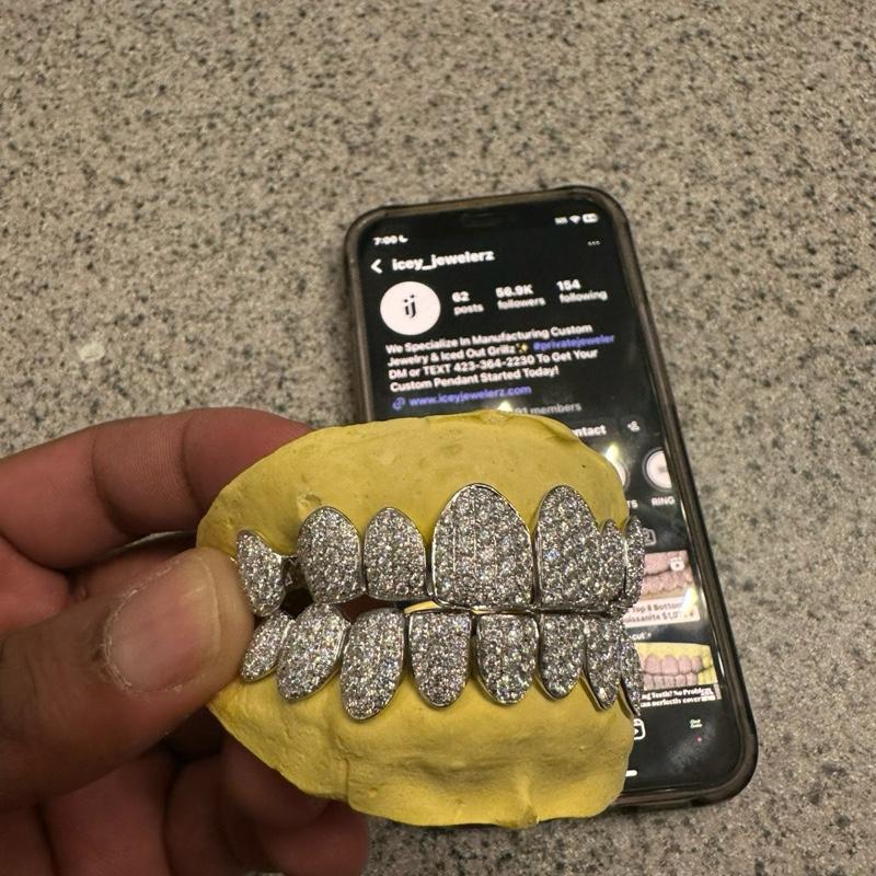 925 Sterling Silver Honeycomb Set Custom Moissanite Perm Cut Grillz