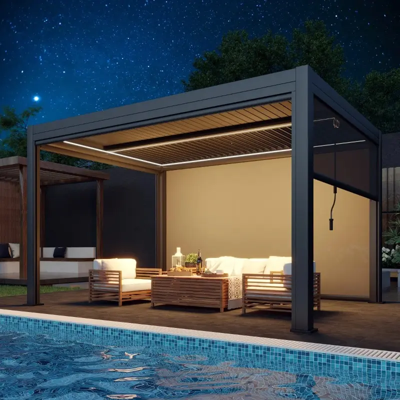13 ft x 10 ft Thickened Aluminum Alloy Louvered Pergola with Auto Side Screen & Remote Light String for Outdoor Use, Black/White