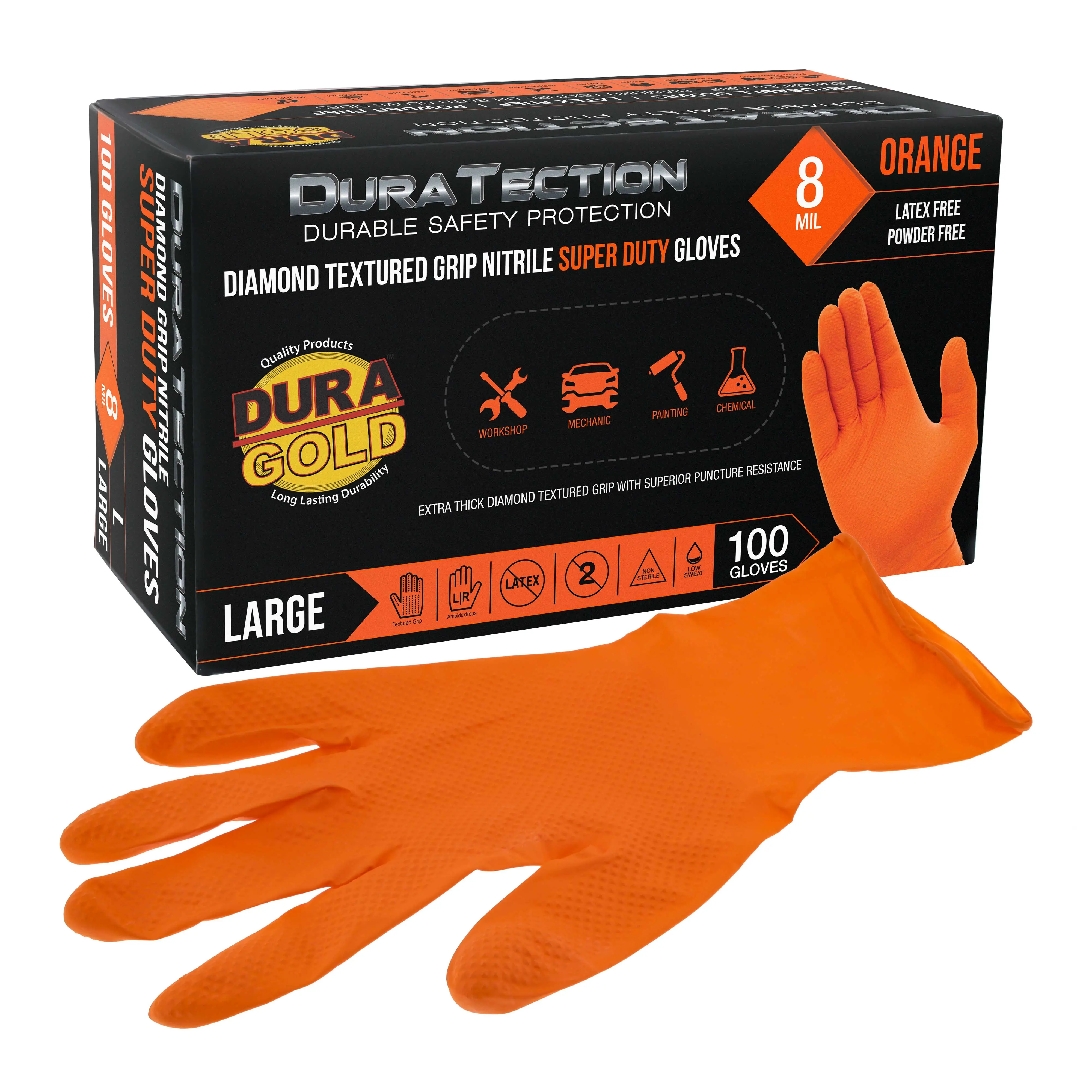 Duratection 8 Mil Orange Super Duty Diamond Textured Nitrile Disposable Gloves, Box of 100, Large - Latex Free, Powder Free, Food Safe, Safety Protection Work Gloves Cleaning
