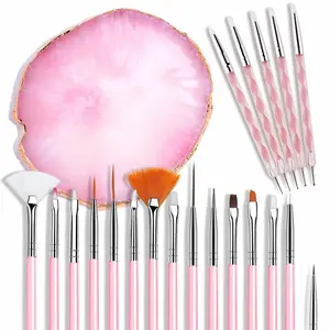 21 Pcs Nail Art Brushes Nail Art Tool Set Resin Palette Art Painting Mixed Color 2 Way Acrylic Silicone Carving Pen Dotting Pen Tool Manicure Kit DIY Makeup Display Board for Home Salon, Pink