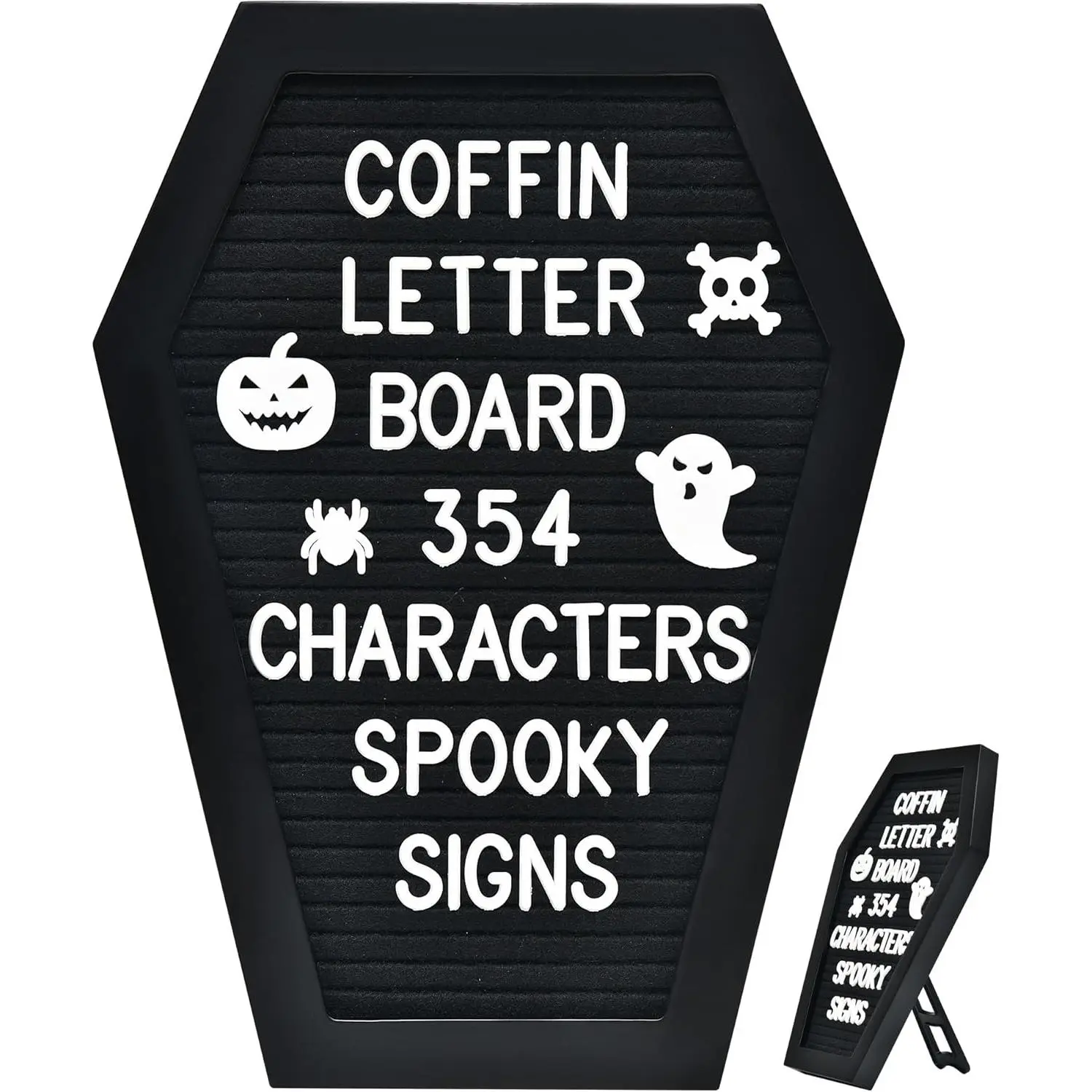 Coffin Letter Board - 354 Characters Spooky Halloween Characters with Wooden Stand and Canvas Bag - 10x7 Inches Small Size - Felt Message Board for  Office Halloween Supplies & Decor (Black)