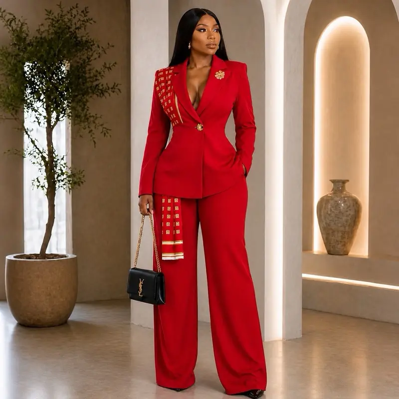 Women's 2-Piece Formal Matching Pant Set - Elegant Business Casual Day Outfit with Lightweight Button Blazer Vest and Stretchy Wide-Leg Trousers