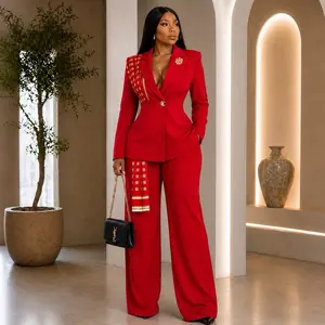 Women's Red 2-Piece Blazer Pant Set with Matching Vest - Stretchy, Lightweight, Short-Sleeve, Elegant Fabric, Gold Metal Buttons, Stylish Formal Corporate Casual Women's 2 Piece Sets Clothing