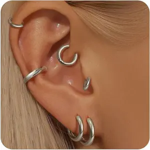 6 Pairs Small Huggie Hoop Earrings Set for Women Men,  Stainless Steel  Hoops for  Ears, Ear Stack Earrings for Cartilage Helix Conch Tragus Multiple Piercings, 6mm 8mm 10mm