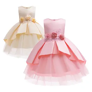 Princess Dress For Girls Floral Embroidery Sleeveless Layered Gauze Dress One Piece Party Dress Pink/Beige ZT-4019 Tutu