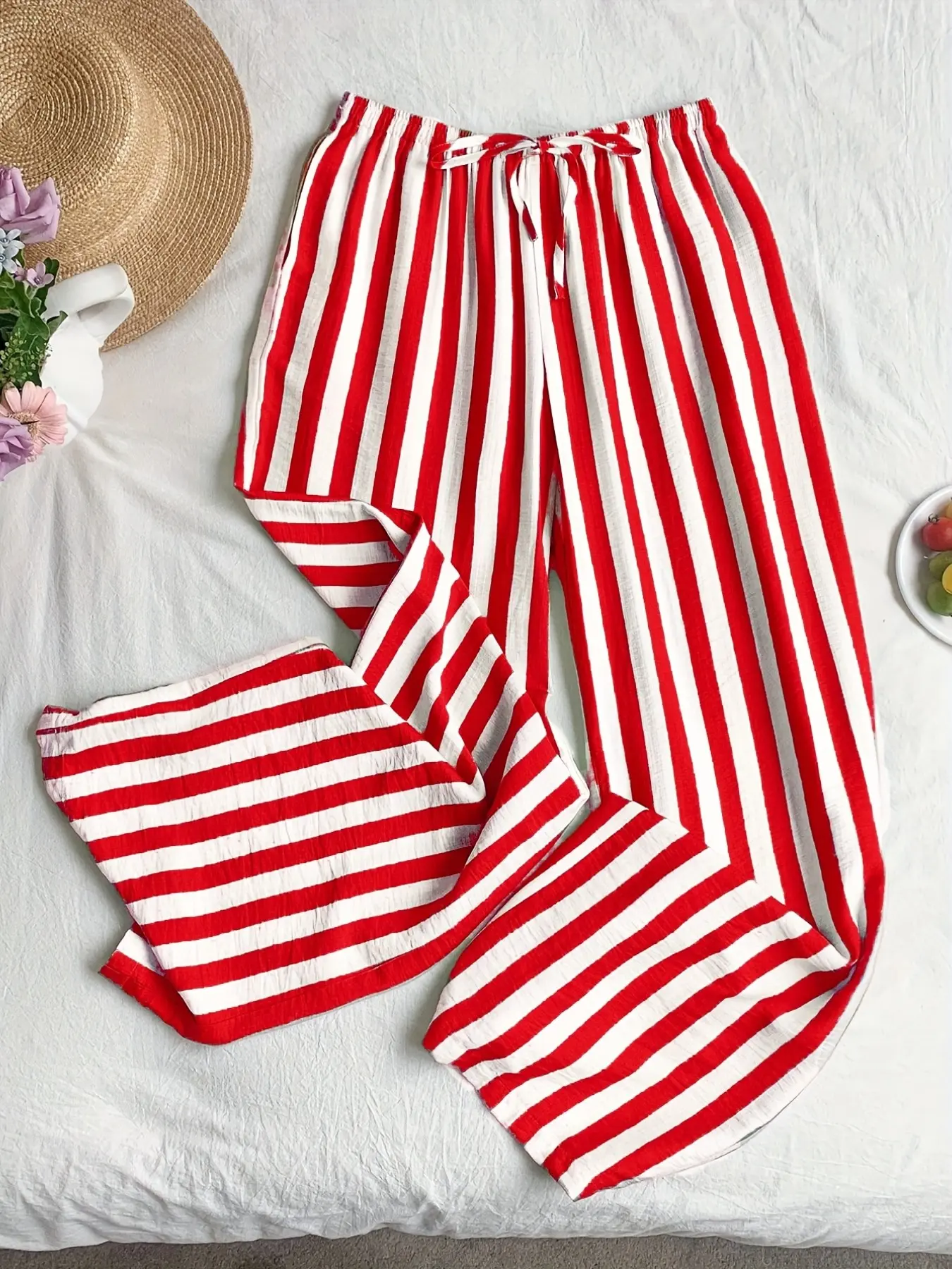 Women's Striped Tie-Waist Wide Leg Oversized Boyfriend Pants, High Waist Loose Fit Baggy with Pockets, Lightweight Fabric, Fashion Casual Everyday Daily Wear