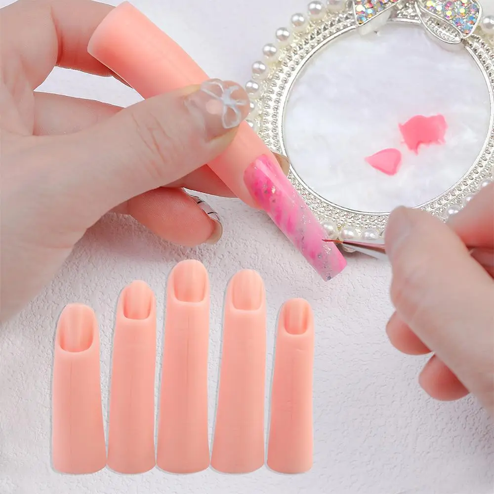 5Pcs/Set Training Nail Art Hand False Finger Natural Nail Tips Manicure Practice Model Nail Display Silicone Finger Makeup Tools