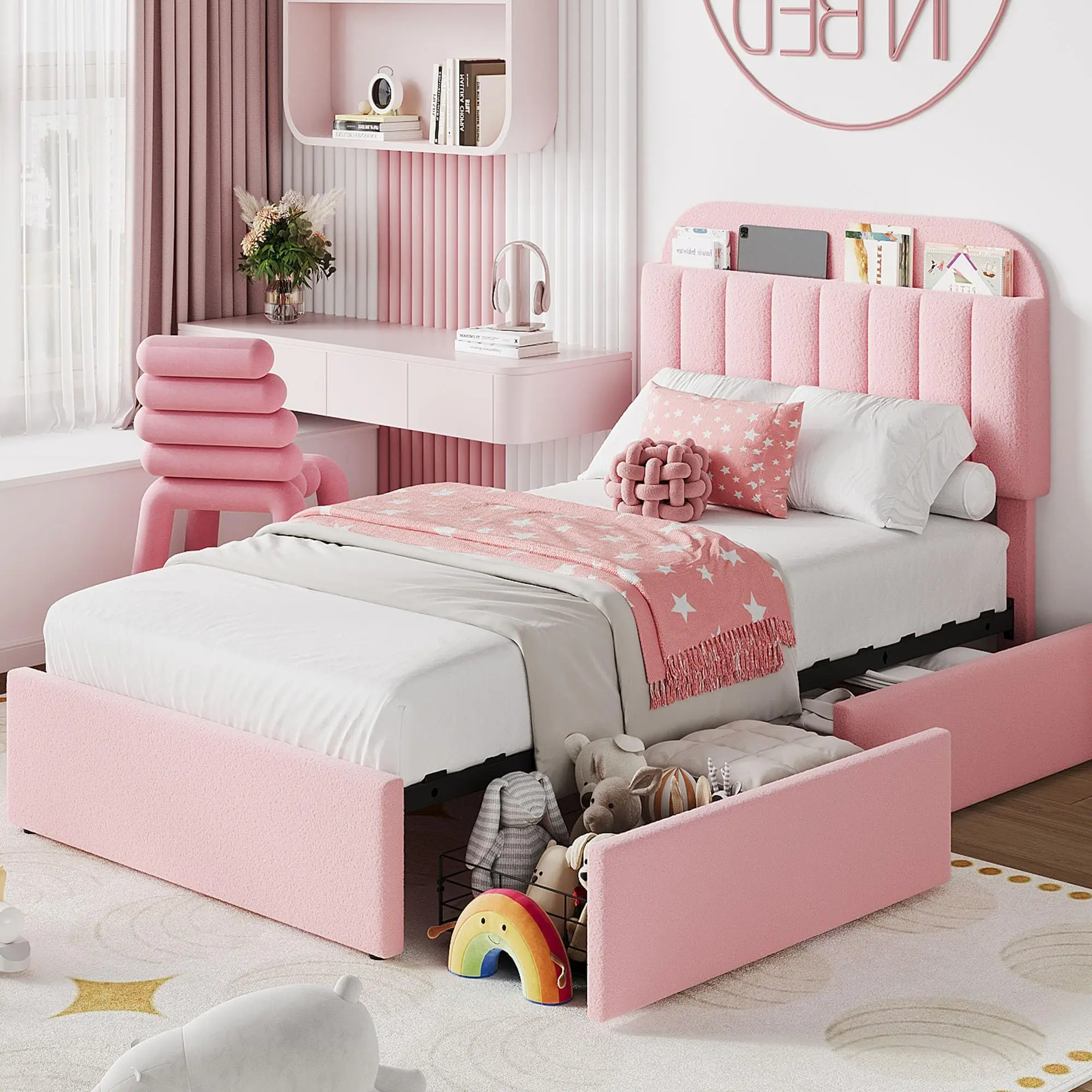 Garvee Twin XL Size Bed Frame with 2 Storage Drawers, Boucle Upholstered Shelf Headboard, Platform Bed with Bookcase, No Box Spring Needed, Easy Assembly, Suitable for Various Rooms