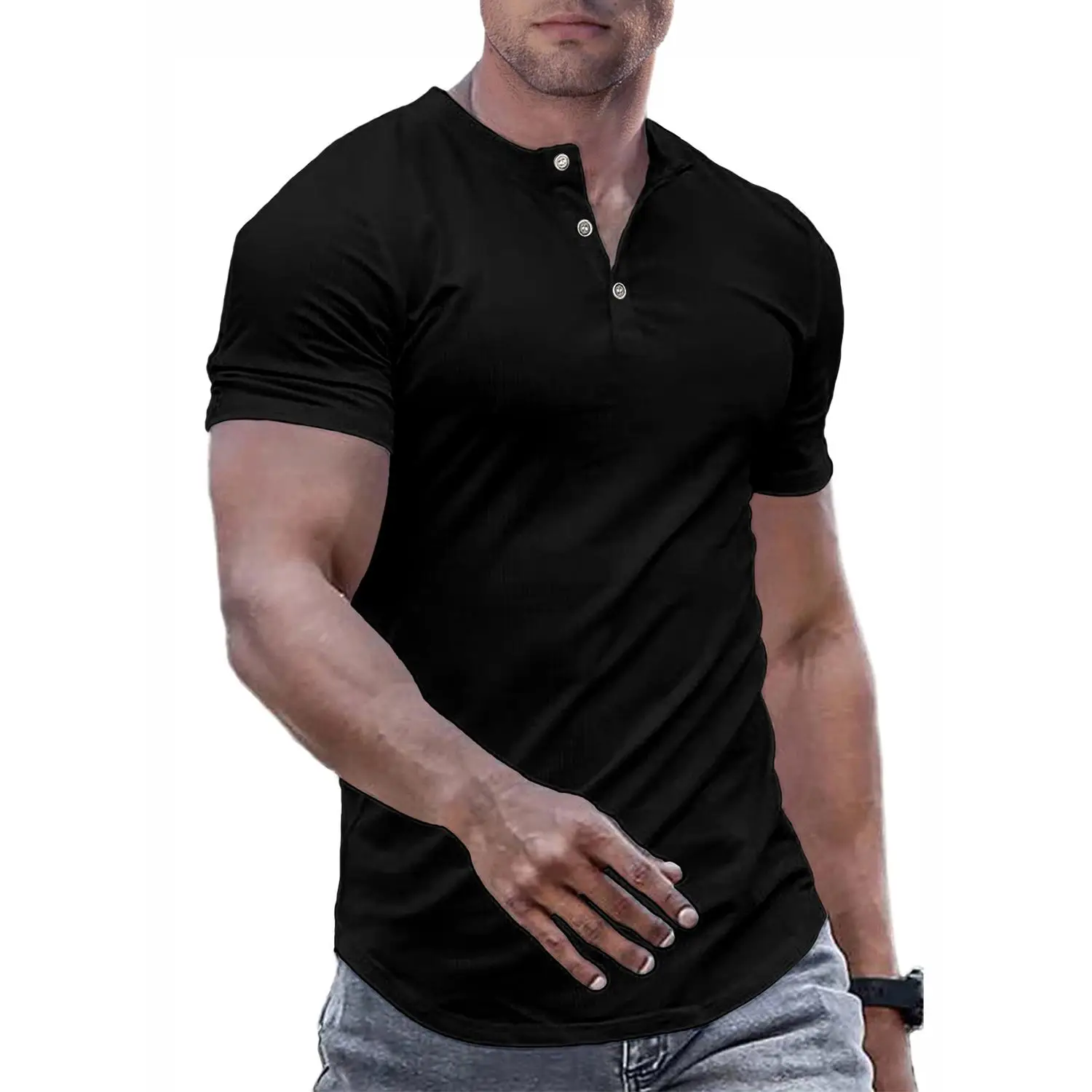 TUREFACE Men's Plain Muscle Slim Fitted Henley Shirts Crewneck Longline T-Shirt Gym Workout Athletic Shirt Tees with Button Menswear Casual Tops, Men'