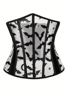 Women's Bat & Galaxy Print Lace Up Sheer Corset Mesh Waist Trainer, Corset Waist Shaping, High Stretch Grommet Eyelet Waist Cincher Belt, Tummy Control Waist Shaper for Women, Halloween