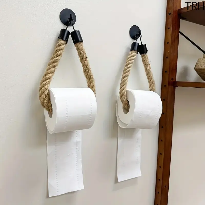 Rope Toilet Paper Holder, No Drill Self‑Adhesive Wall Mount Twisted Jute Rope Roll Paper Rack, Creative Rustic Tissue Towel Dispenser, Farmhouse Bathroom Decor Storage Organizer for Washroom Kitchen Restroom
