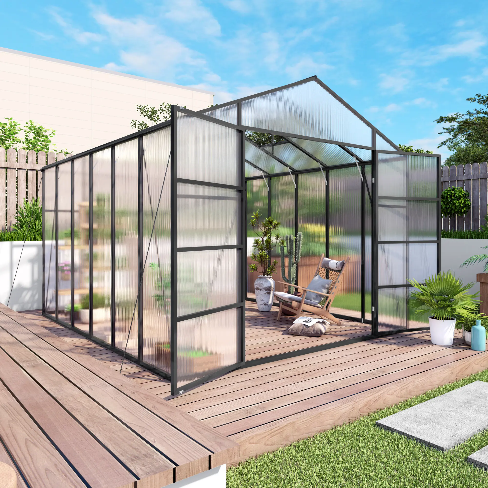 Greenhouse 10x12 FT Walk-in Aluminum Frame Polycarbonate Panels Raised Base with Anchor Kit for Outdoor Backyard All-Season Plant Growing, Multiple Options