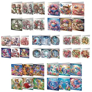 6pcs DIY Diamond Painting Greeting Cards with Envelopes Mosaic Postcards (Christmas Tiger Dolphin Bear) For Holiday Gift