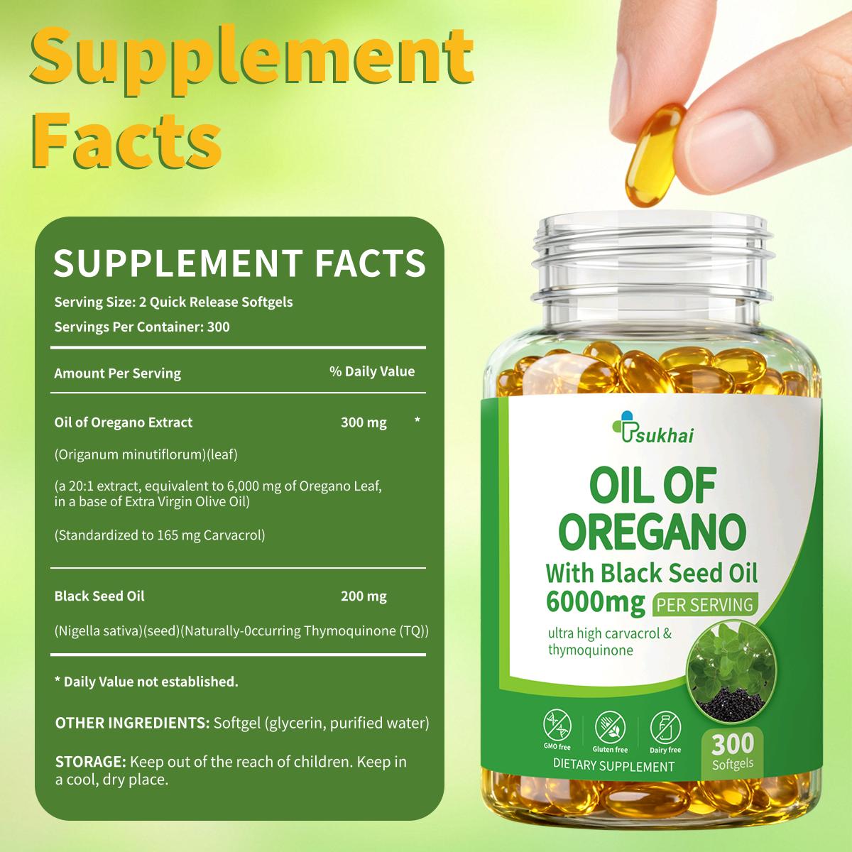 Oil of Oregano with Black Seed Oil 300 Capsules, Natural Antioxidants oil of aceite de oregano Nutritional Support Highly Effective Botanicals Dietary Healthcare Supplement