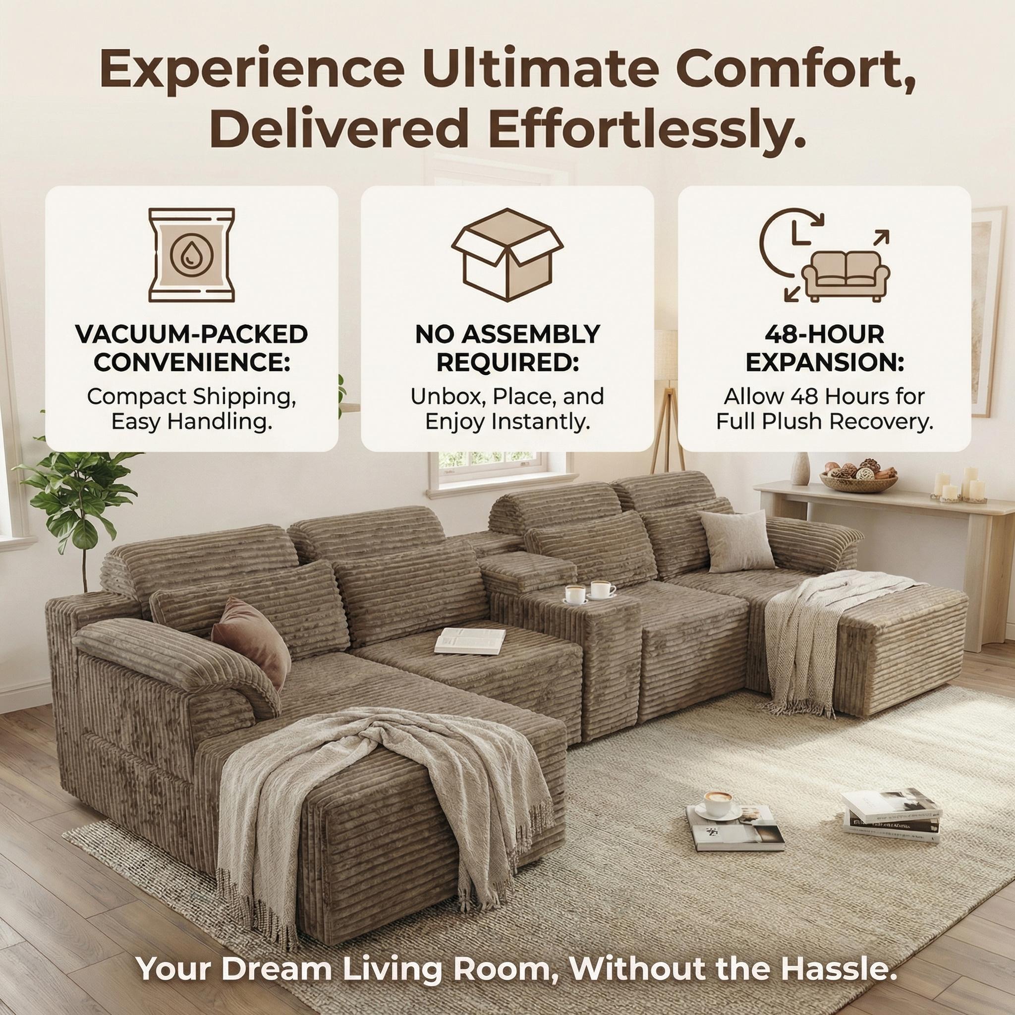 Modern Modular Corduroy Sectional Sofa, L Shaped Corner Couch with Built-in Cup Holders & Movable Ottoman for Living Room Apartment