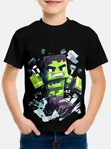 Kids Minecraft Hulk Pixel Short Sleeve Shirt, Unisex Game Anime Casual Top, Graphic Print Shirt, All Seasons, Slim Fit, Medium Length, Summer Wear