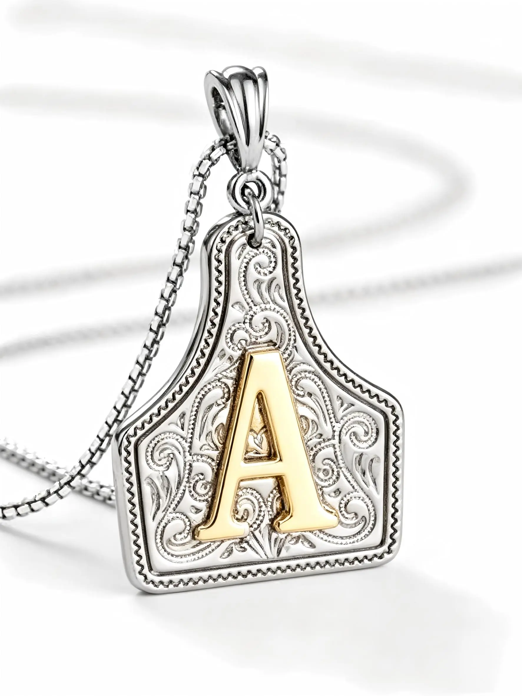 Western Jewelry Handmade Cow Brand Letter Necklace, Initial Necklace Jewelry, Dual Color Silver Gold Pendant, Adjustable 20 Inch Chain, Unisex Gift, Alphabet Necklace
