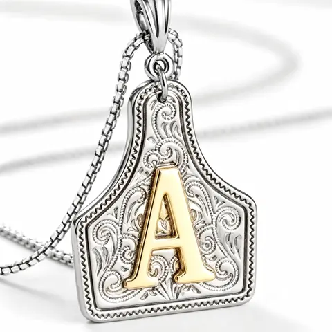 Western Jewelry Handmade Cow Brand Letter Necklace, Initial Necklace Jewelry, Dual Color Silver Gold Pendant, Adjustable 20 Inch Chain, Unisex Gift, Alphabet Necklace