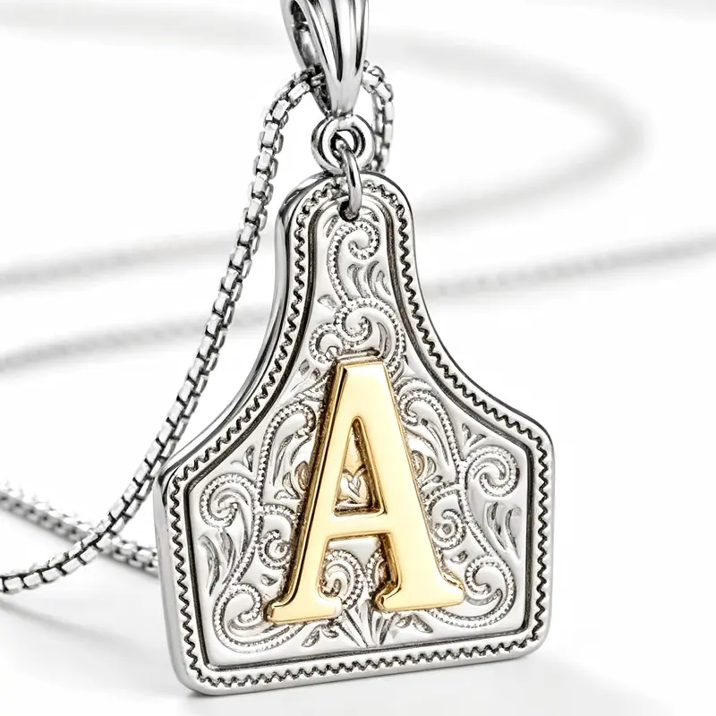 Western Jewelry Handmade Cow Brand Letter Necklace, Initial Necklace Jewelry, Dual Color Silver Gold Pendant, Adjustable 20 Inch Chain, Unisex Gift, Alphabet Necklace
