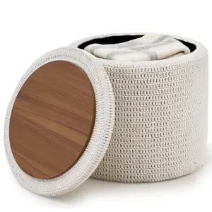 Multi-Functional Hand-Crocheted Round Storage Ottoman with Solid Wood Lid, Multi-Functional Extra Large Storage Footstool as Side Table, Shoe Changing Stool & Vanity Stool for Living Room Bedroom Entryway