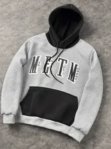 American Vintage Patchwork Hoodie, Men's Large Letter Print Pullover, Street Style Loose Casual Top, H-Type Fitted Short Sleeve