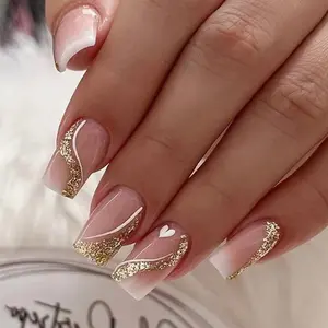 Press on Nails Medium Square Fake Nails Gold Glitter False Nails with Design Heart Curve Glue on Nails Gradient Pink Full Cover Acrylic Stick on Nail Reusable Artificial Nail for Women Manicure 24Pcs