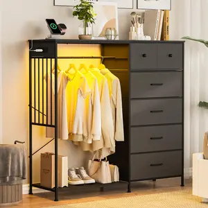 Garvee Multi-Functional Dresser with Hanging Rack, 6 Drawers, LED Lights, and Charging Station - Fabric Storage Organizer for Bedroom, Living Room, and More