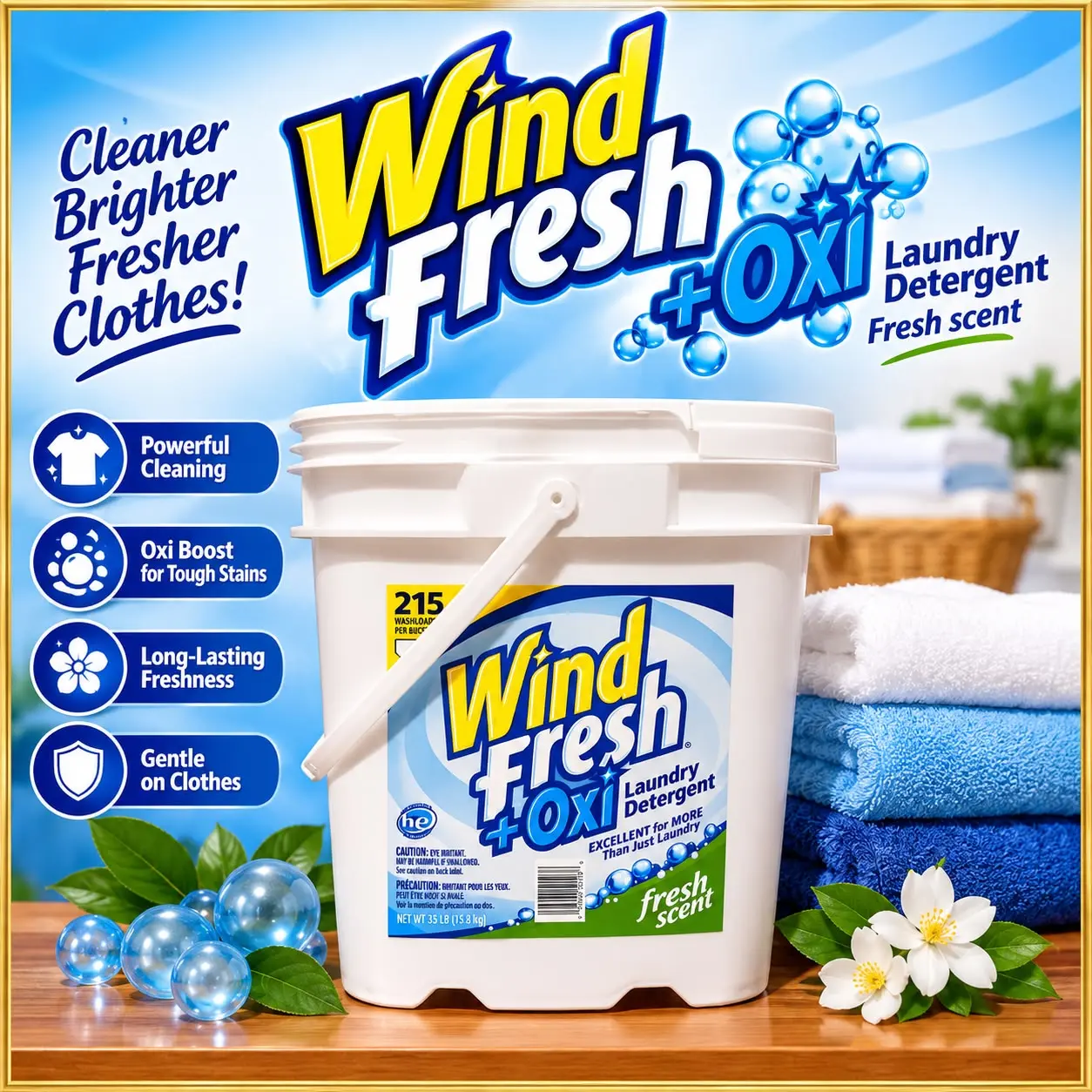Wind Fresh + OXI Laundry Detergent Fresh Scent 215 Loads Powerful Cleaning Oxi Boost for Tough Stains Long Lasting Freshness Gentle on Clothes