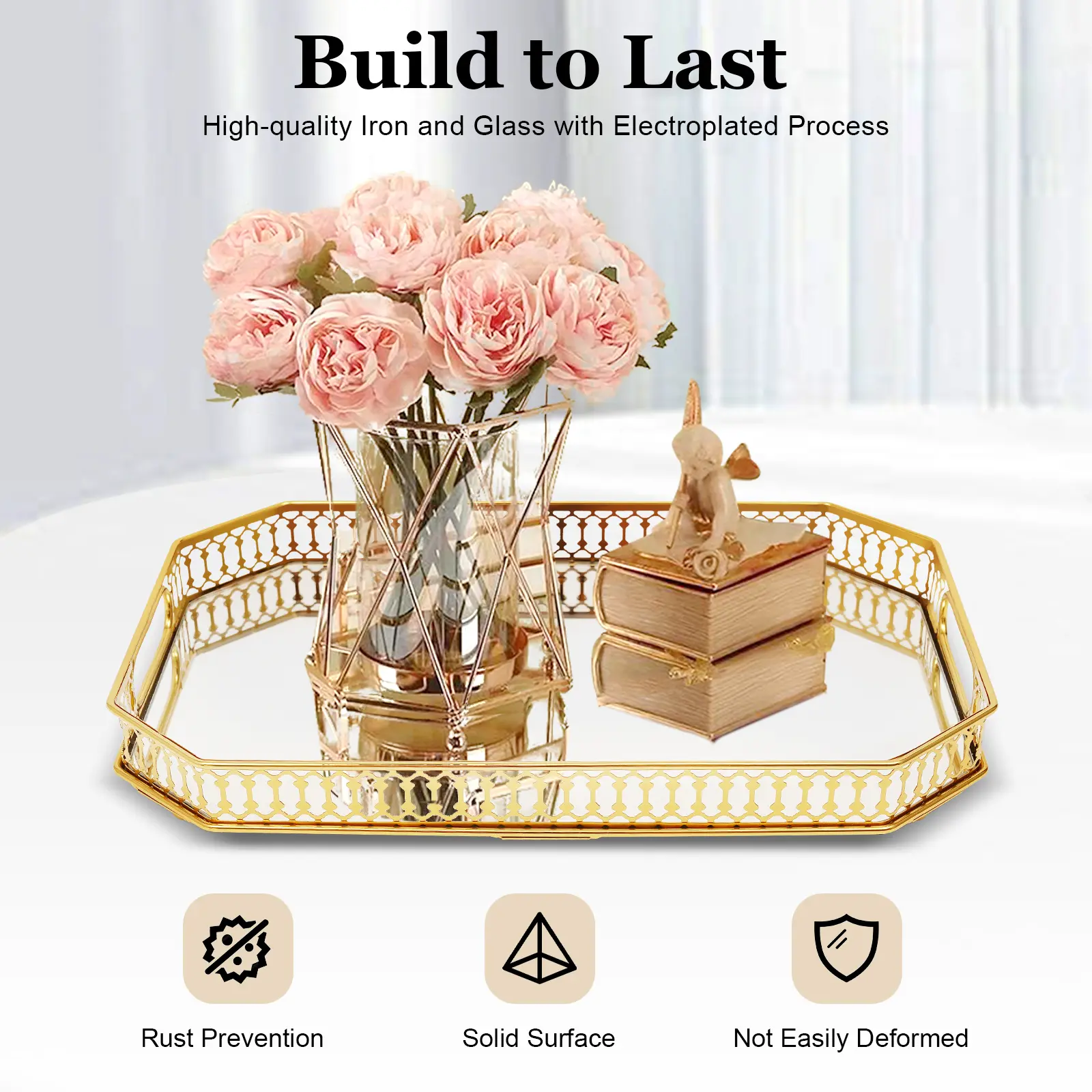 Modern Gold Rectangular Iron & Glass Decorative Tray (13.8x9.8x1.97in) - Electroplated, Rustproof, Durable, with Handles & Raised Edge, for Bathroom Decorations, Dining Tables, Vanity Use