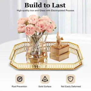 Gold Decorative Tray Rectangular 13.8x9.8x1.97In Iron Glass Electroplated Rustproof Serving Vanity Tray with Handles Raised Edge for Bathroom Dresser