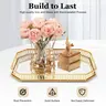 1* Gold Rectangular Metal & Glass Home Decor Serving Tray - 13.8x9.8x1.97in,1.35kg/2.97lbs, Electroplated, Corrosion Resistant, Durable, Carry Handles, Raised Edge, Table Mountable, Modern Bathroom Accessory for Vanity, Dining Tables
