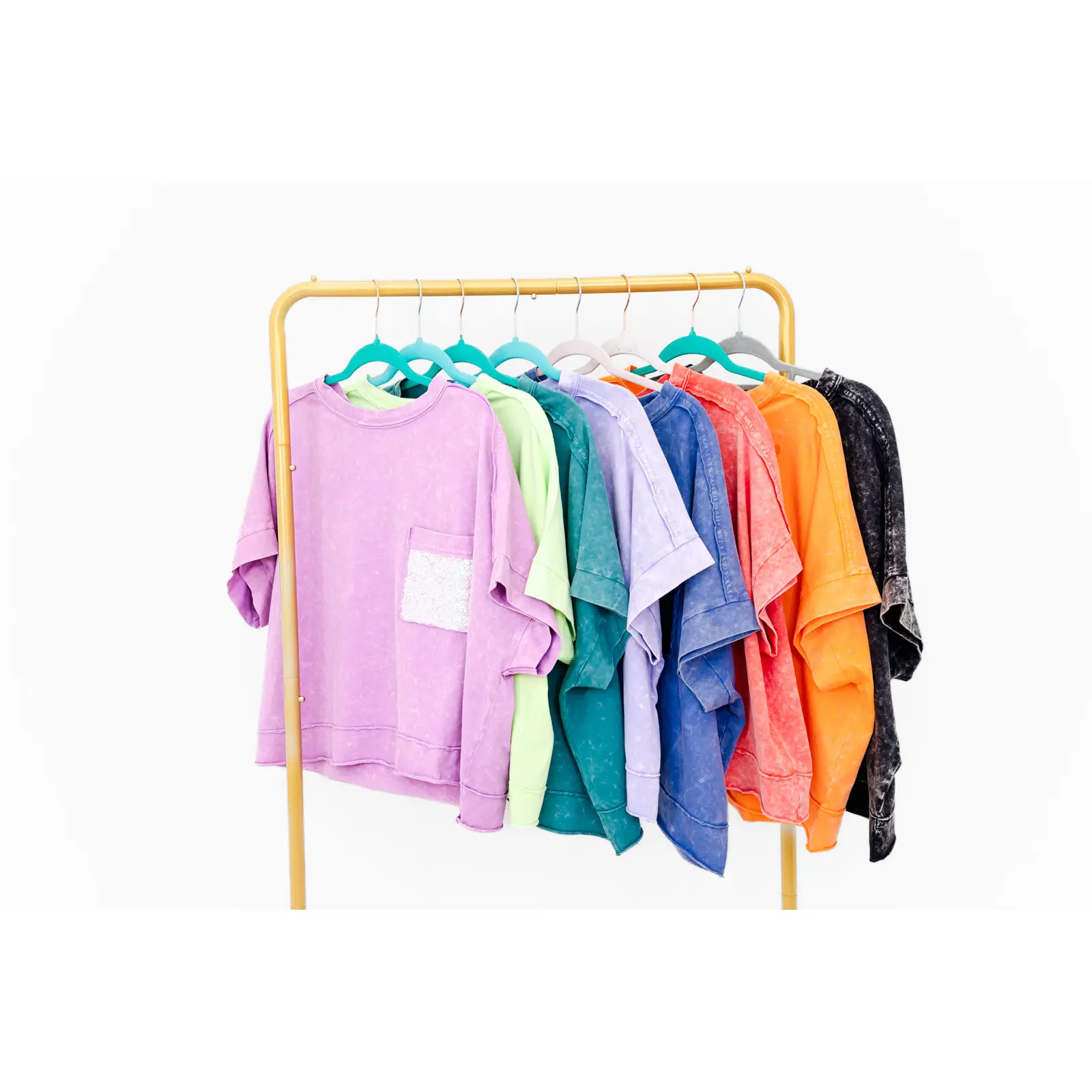 Faeve Mineral Washed Cotton Top - Casual Long Sleeve Boxy Fit Women's Top with Sequin Pocket & Raw Seam Details