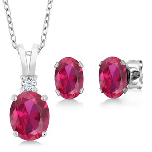 3.48 Cttw 925 Sterling Silver Oval Red Created Ruby Pendant and Earrings Jewelry Set For Women | Oval 8X6MM and 7X5MM | With 18 Inch Silver Chain