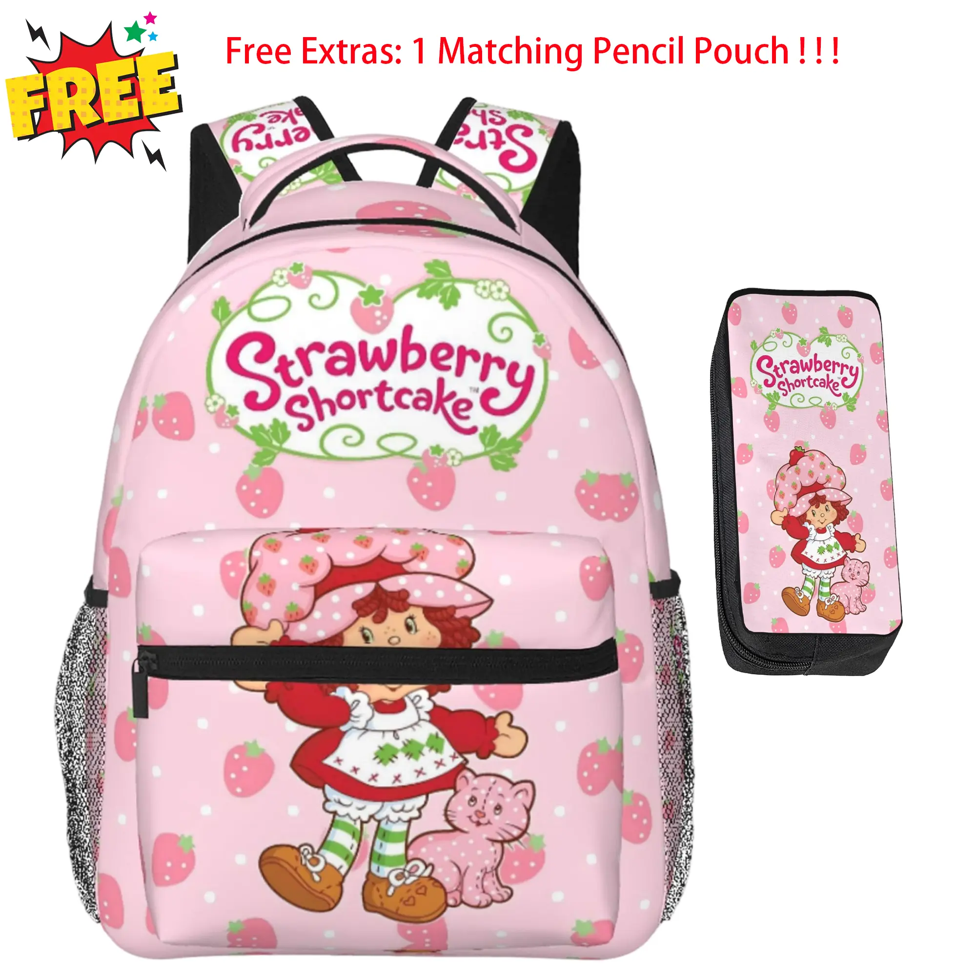 Lightweight Strawberry Girls Anime Backpack Cute Strawberry Girls Cartoon Print 17 Inch Laptop Travel Casual Daypack, Cartoon Backpack With Pencil Case  Ideal Birthday Anniversary Party Gifts for Cute Cartoon Fans