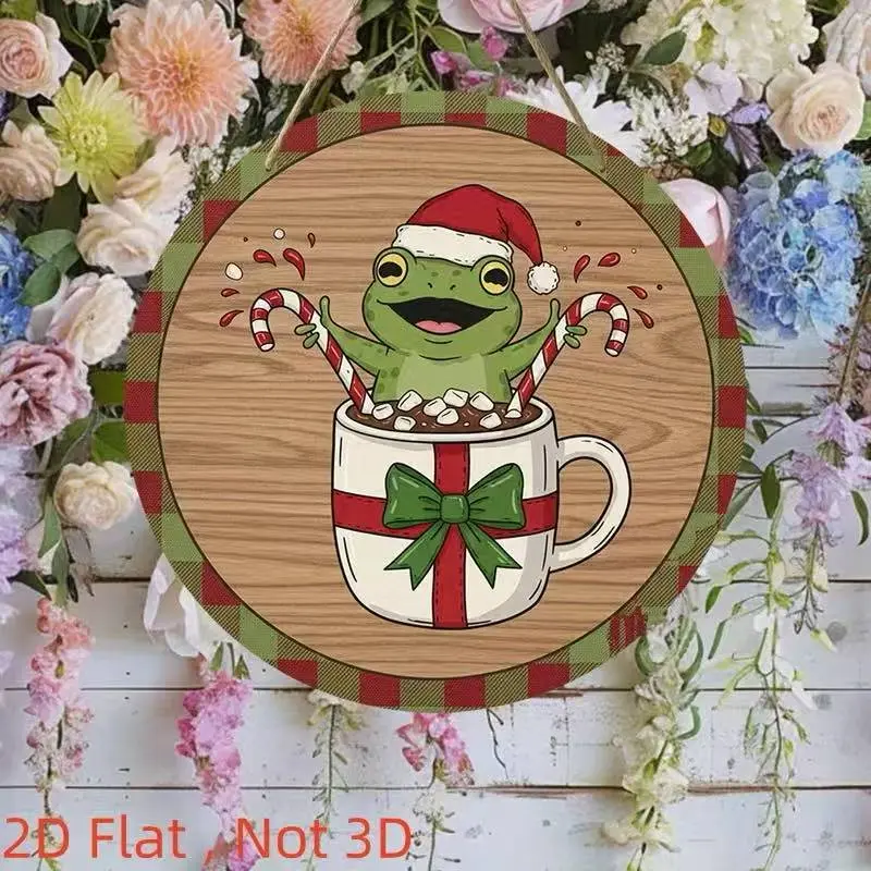 Festive Frog Cup Wall Decor, Round Wooden Sign with Holiday Decoration, Frog Wearing Christmas Hat and Candy Cane, Perfect for Home Decor