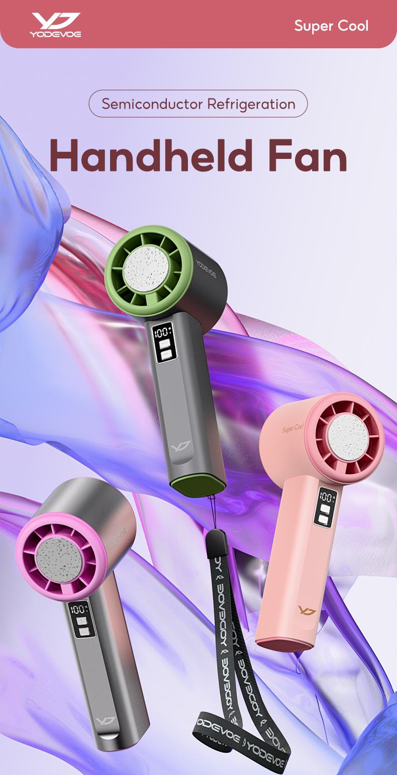 The Yodevoe 3-in-1 Mini Handheld Cooling Fan features 100 wind speeds and an icing function. This compact, foldable 3-in-1 neck/desktop/handheld fan has a pocket design, making it suitable for travel, summer, concerts, and even for casual use.