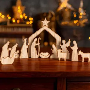 13-Piece Wooden Nativity Scene Set – Minimalist Christmas Holy Family Figurines & Manger Tabletop Decor for Home & Mantel Display