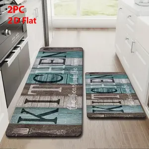 Kitchen Mat Set for floor 2/3 Piece, Teal & Brown Wood Plank Kitchen Rug with Decorative, Non Slip Kitchen Rugs and Mats for Kitchen, Entryway, Bathroom, Laundry Room, Hallway