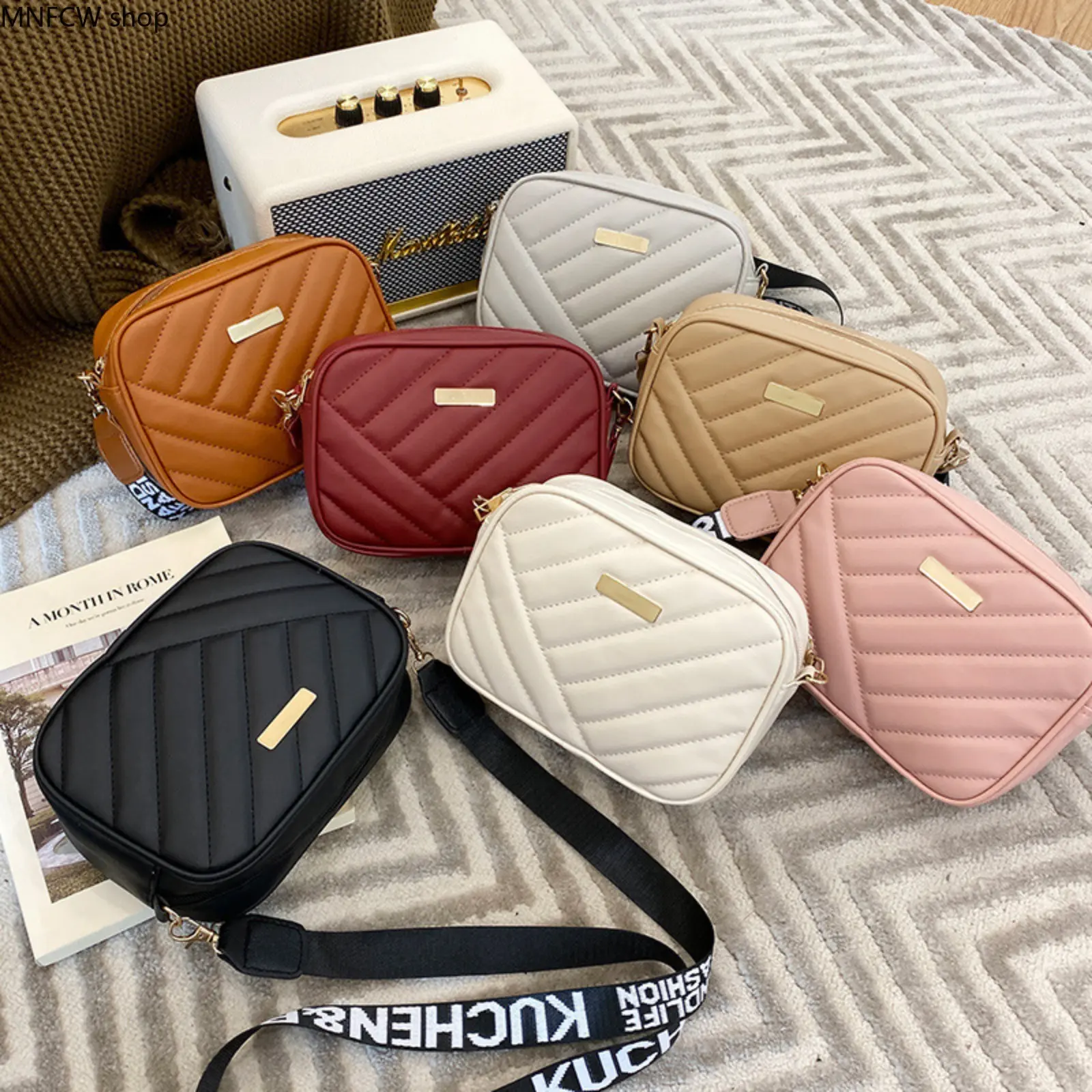 Women's 2026 Chic Sports Crossbody Camera Bag - Quilted PU Leather, Rolled Edge Diamond Pattern, Twill Drum Storage, Zip Closure, Hangable, Lightweight, Waterproof, Metal Accents, Nylon Lining, Multi-Compartment High-Capacity Phone Bag for Camping, Hiking
