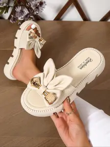 Women's New Fashion Butterfly Knot Thick Sole Comfortable Open Toe PU Leather Sandals, Breathable Design for Summer Casual Wear & Beach Vacation Gifts
