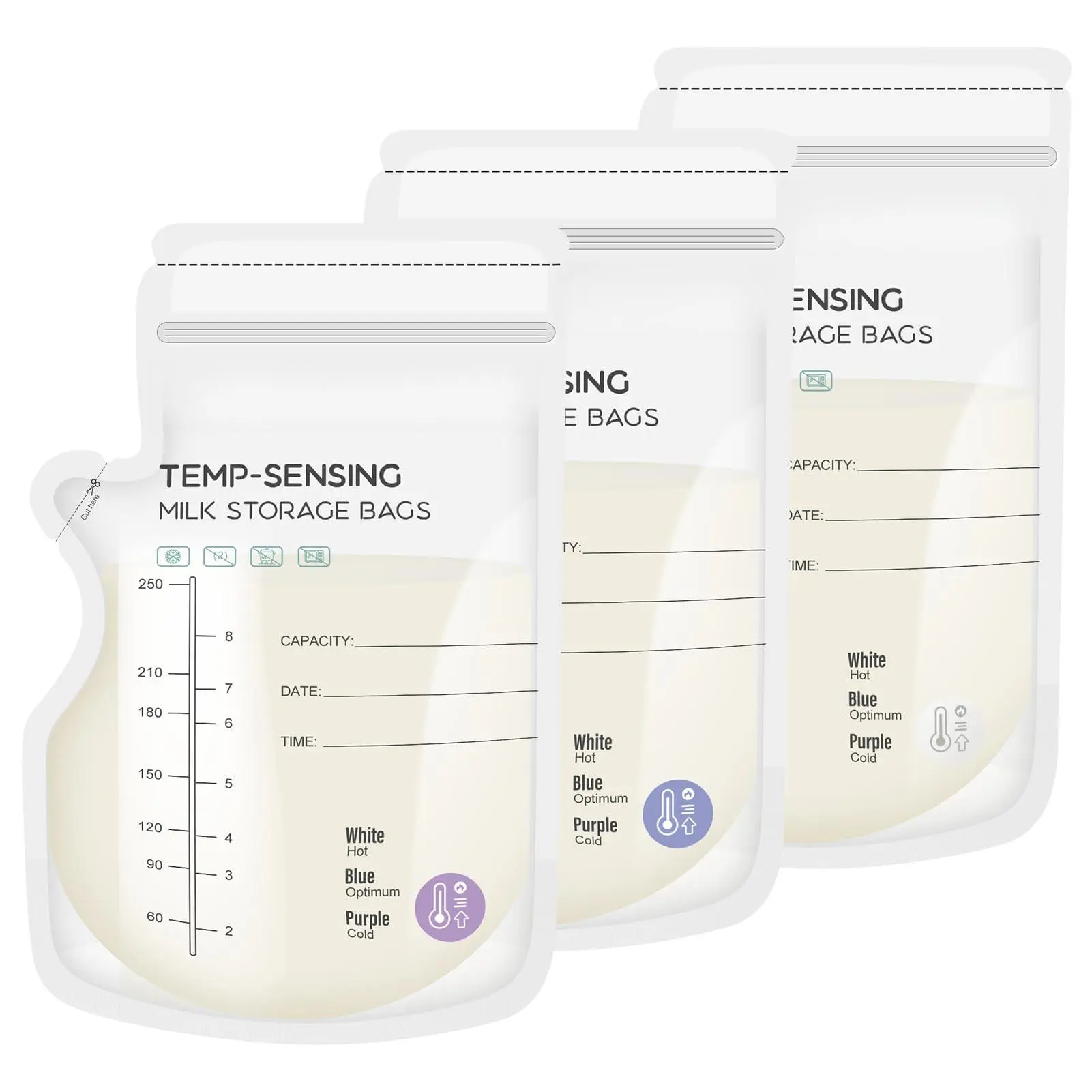 100 Pre-Sterile Synthetic Flat Store Breastmilk Storage Bags, 8oz with Side Spout, Temperature-Sensing Color Change, No-Leak Prop 65 Safe Freezer Home Organizing Bags