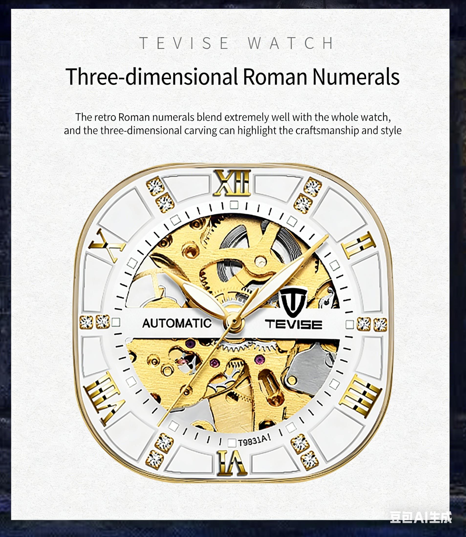 Luxury Men's Skeleton Automatic Watch, Gold Accent, Square Case, Business Stainless Steel Timepiece