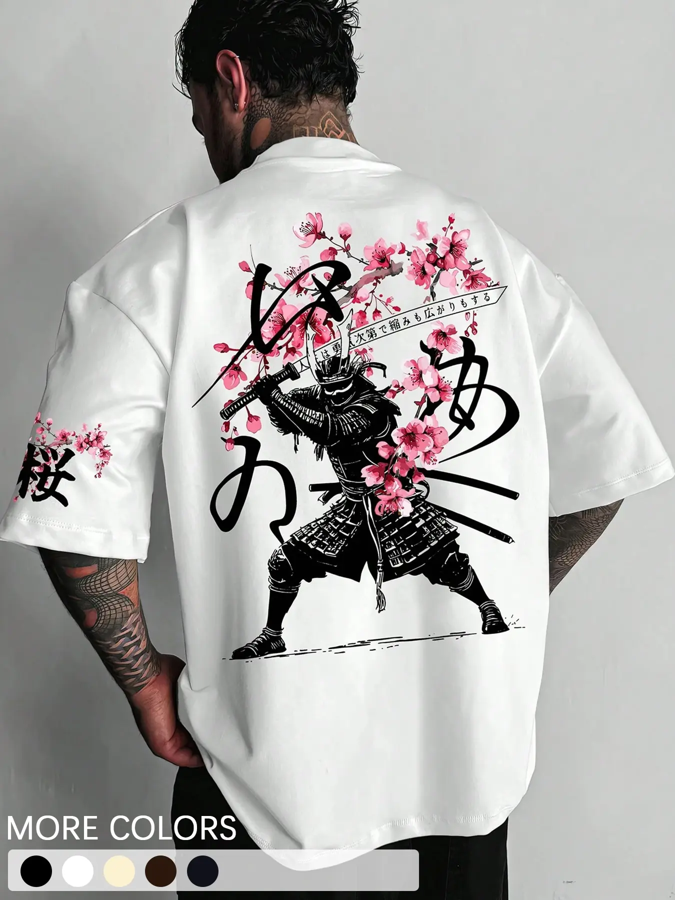 Men's Casual Fashion Japanese Sakura Cherry Floral Samurai Design Graphic Print White Short Sleeve Crew Neck Fitted Breathable T-Shirt Fabric, Streetwear Preppy Stylish Top For All Seasons, Men Clothing For Outdoors