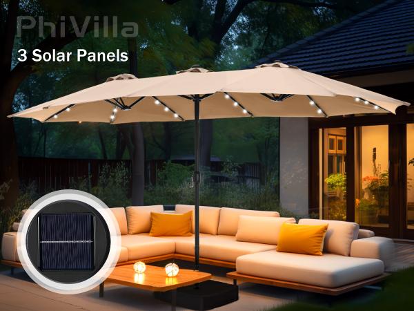 [8 Color] PHI VILLA 15 ft Double-Sided Outdoor Umbrella with Crank, Steel Pole, 100% Polyester Fabric, Durable Base Included, Iron Ribs Patio Stand Modern Design