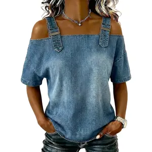 Fisoew Womens Cold Shoulder Denim Top Adjustable Buckle Strap Short Sleeve Vintage Streetwear Jean Blouse Casual Loose Fit Off Shoulder Shirt, Shortsleeve, Women's Clothes