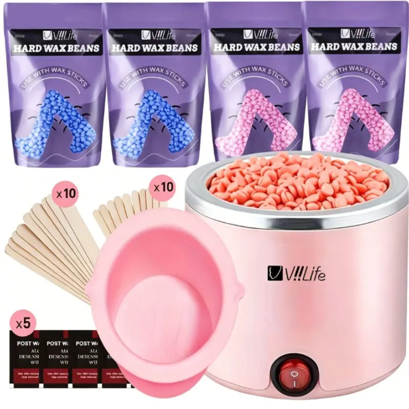 Viilife Wax Heater Depilation Kit, Easy-To-Use for Beginners, Includes Hard Wax Beans, Silicone Bowl, Wax Sticks, Wet Wipes, Pain-Free Hair Removal Waxing Kit