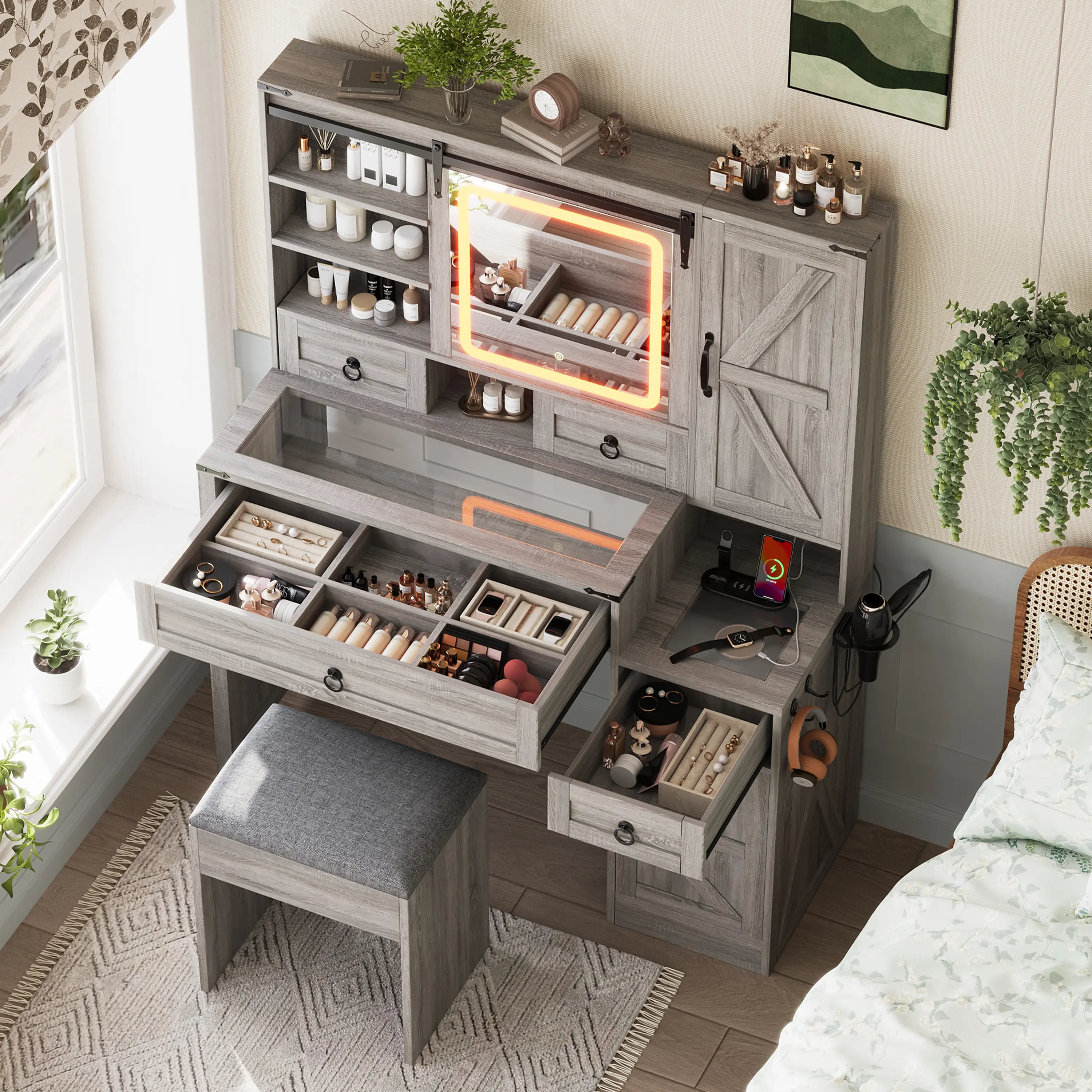 Farmhouse Wooden Makeup Vanity Table Set with Stool - Sliding Mirror, LED Lights, Charging Station, 4 Drawers, 2 Cabinets, Glass Top, Vanity Organization, Storage, Side Hooks, Assembly Required for Bedroom