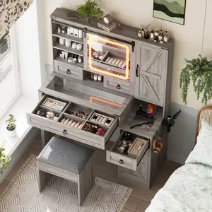 Farmhouse Vanity Desk Set with Sliding Mirror, LED Lights & Charging Station, 4 Drawers, 2 Cabinets, Glass Top and Stool for Bedroom