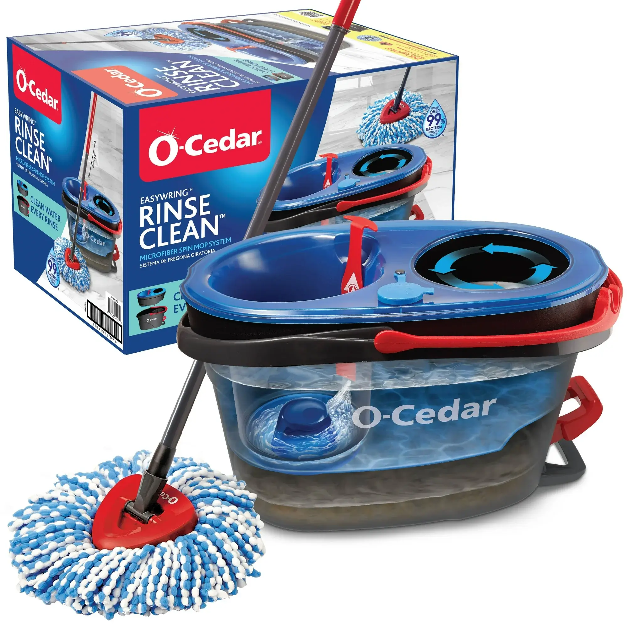 O-Cedar RinseClean Spin Mop & Bucket System, 2-Tank Bucket for Clean & Dirty Water, Foot-Activated Pedal, Microfiber Mop Head, Removes 99% of Bacteria