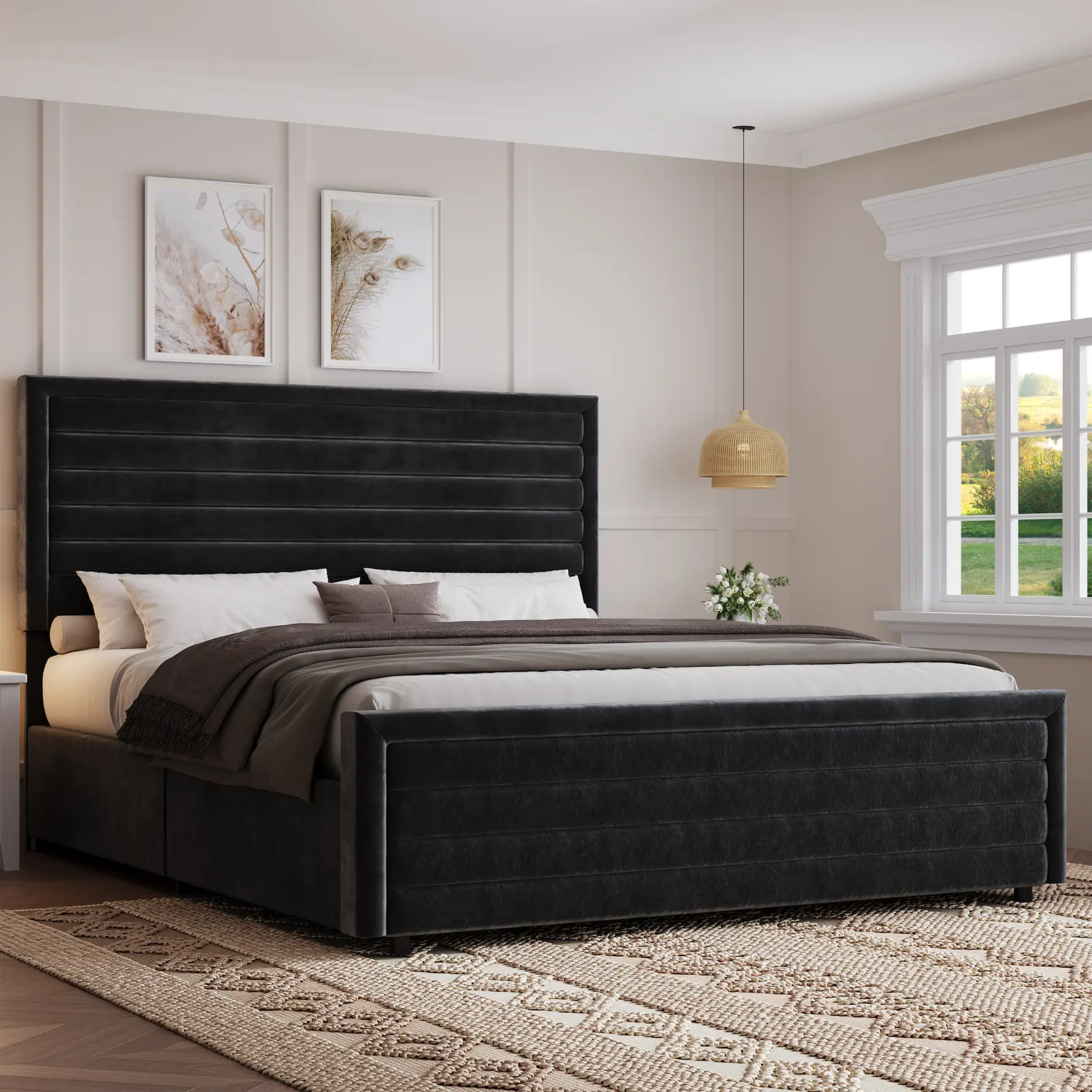[Summerwins] HOMBCK Bed Frame, Upholstered Platform Bed with Velvet Headboard and Footboard, Mattress Foundation with Wooden Slats, No Box Spring Required, Easy Assembly #summer garden,fathers day gift ideas